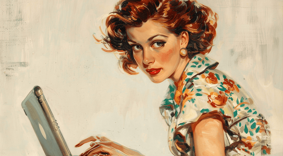 Vintage-style illustration of a woman with red hair using a laptop.