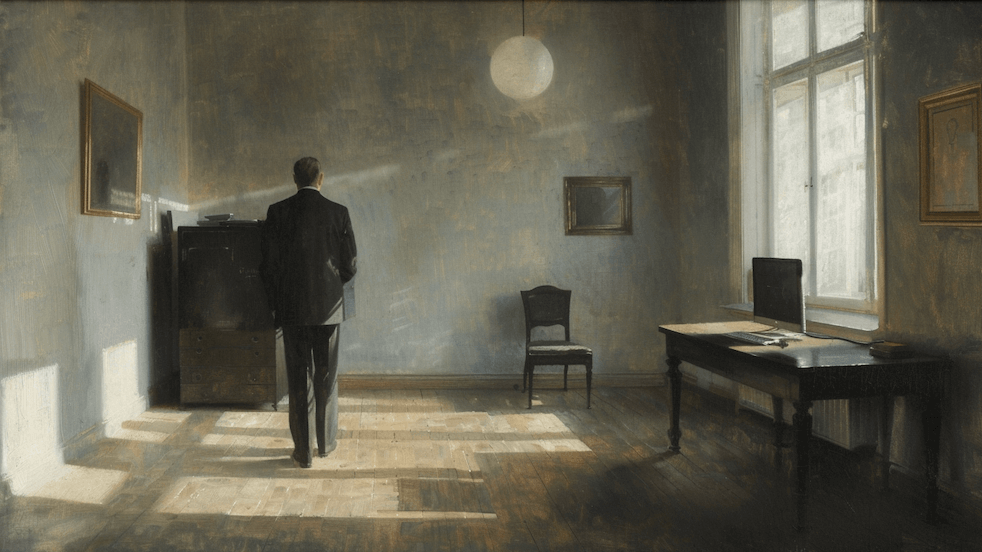 Stylized illustration of a person walking toward a window with a moonlit sky, evoking a quiet town the morning after a storm.
